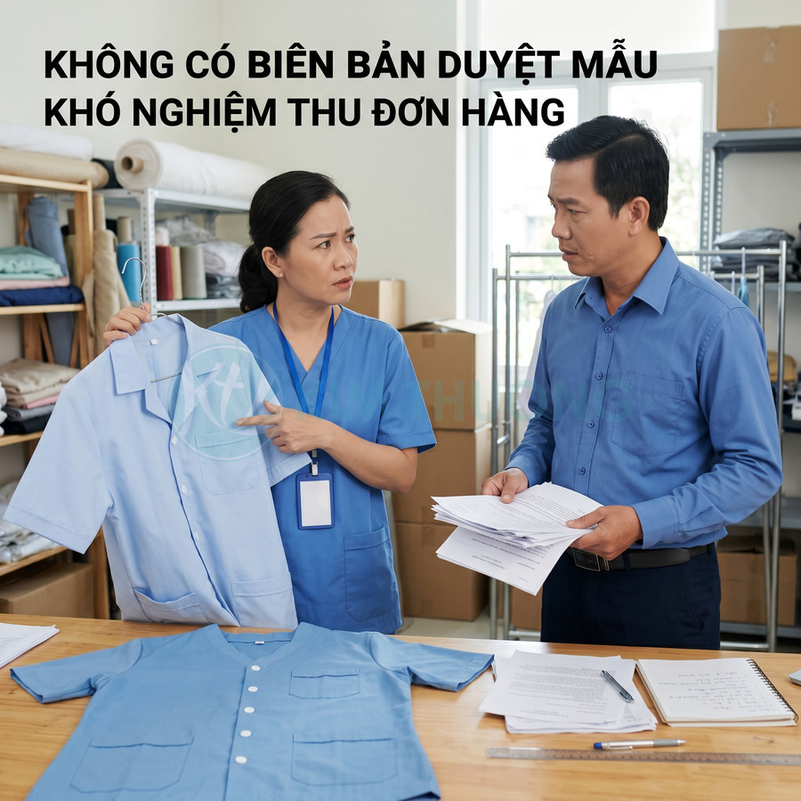 Nhân viên xưởng may kiểm tra áo đồng phục màu xanh nhạt và trao đổi hồ sơ đơn hàng