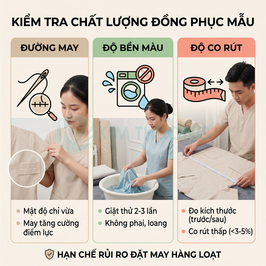 Hướng dẫn kiểm tra chất lượng đồng phục mẫu với đường may, độ bền màu và độ co rút vải trước khi may số lượng lớn