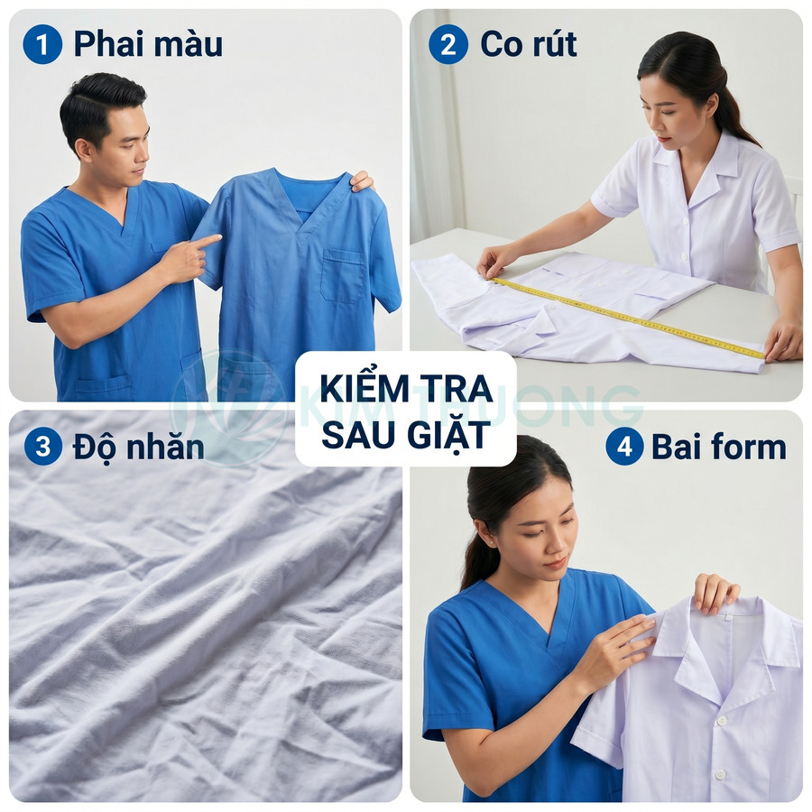 Nhân viên y tế kiểm tra áo blouse sau giặt về phai màu co rút độ nhăn và giữ form áo