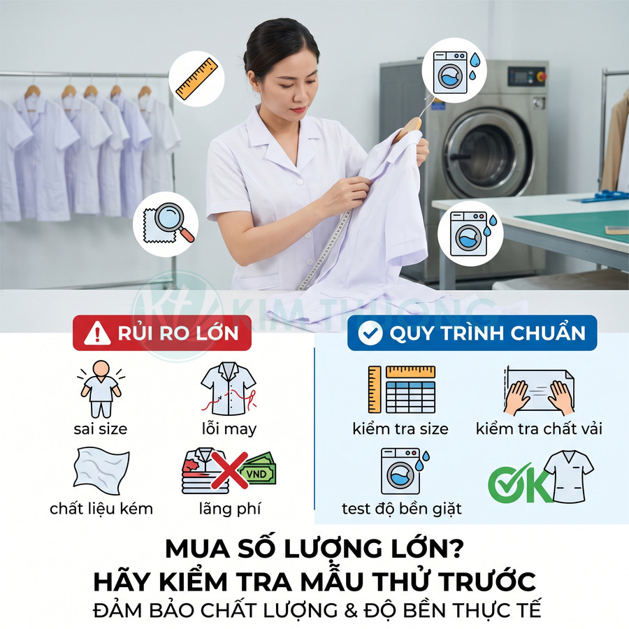 Nhân viên kiểm tra size và chất lượng áo đồng phục trắng trong xưởng may chuyên nghiệp