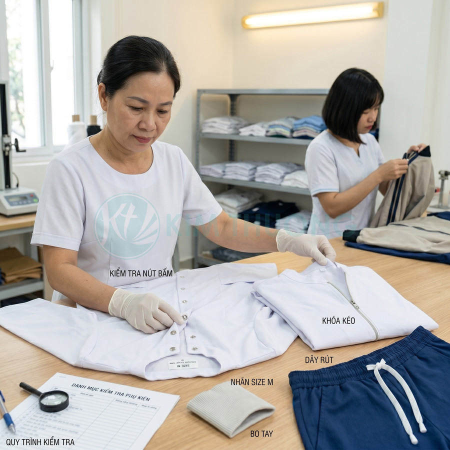 Nhân viên kiểm tra chất lượng áo quần đồng phục y tế với nút bấm, khóa kéo và dây rút trên bàn làm việc