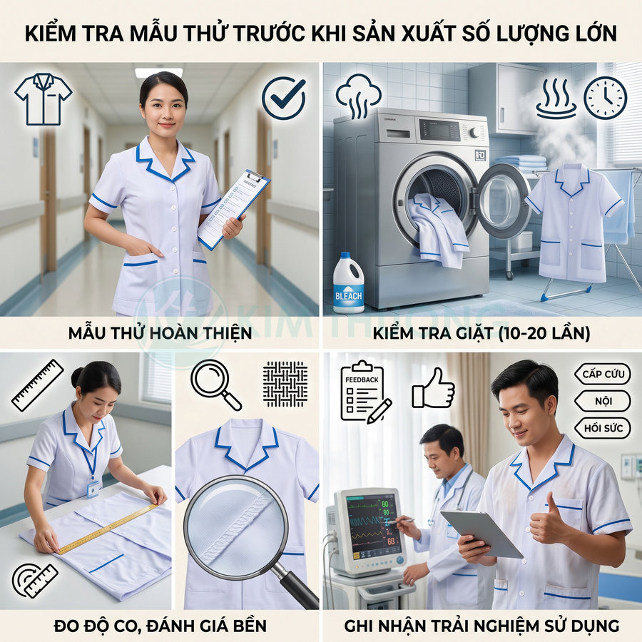 Quy trình kiểm tra chất lượng đồng phục y tá trắng viền xanh trước khi sản xuất số lượng lớn