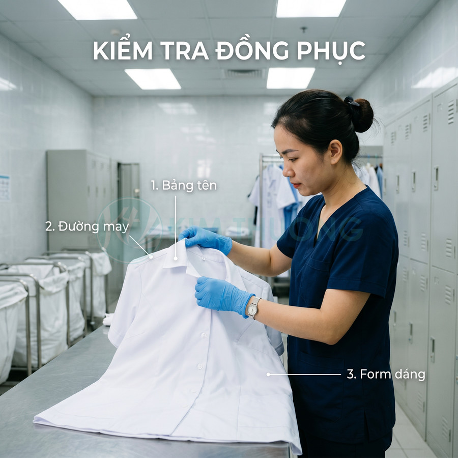Nhân viên y tế đeo găng tay kiểm tra áo blouse trắng trên bàn trong phòng giặt là