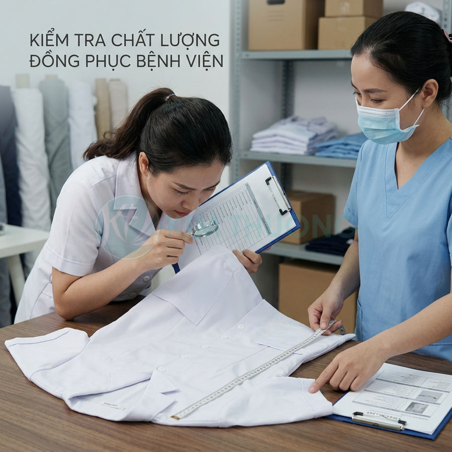 Nhân viên kiểm tra chất lượng áo đồng phục bệnh viện trắng trên bàn làm việc