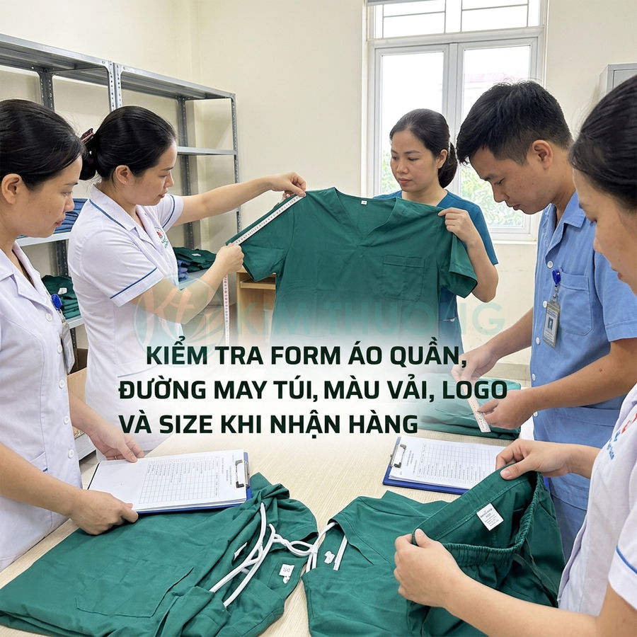 Nhân viên y tế kiểm tra kích thước và chất lượng bộ quần áo đồng phục bệnh viện màu xanh