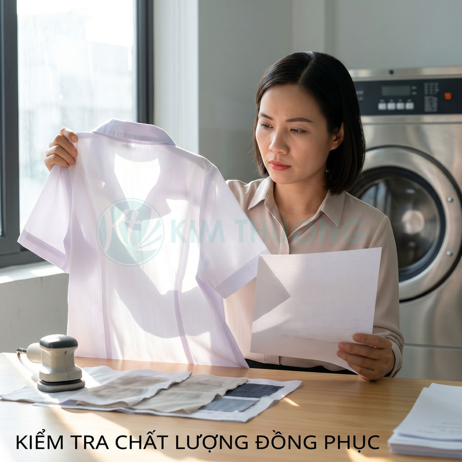 Nhân viên kiểm tra chất lượng áo sơ mi đồng phục trắng trong phòng giặt là
