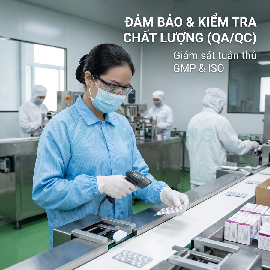 Nhân viên kiểm tra chất lượng vỉ thuốc trên dây chuyền sản xuất dược phẩm đạt chuẩn GMP ISO