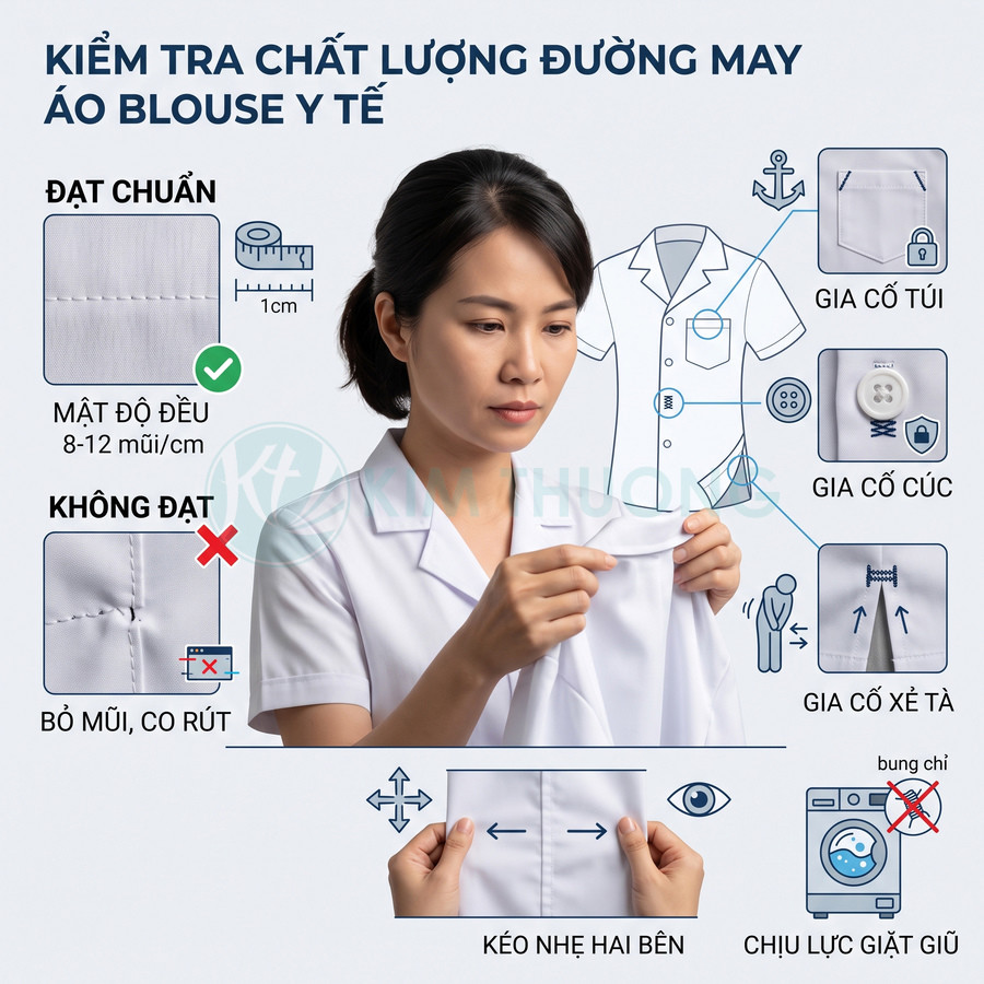 Hướng dẫn kiểm tra chất lượng đường may áo blouse y tế trắng cho nhân viên y tế