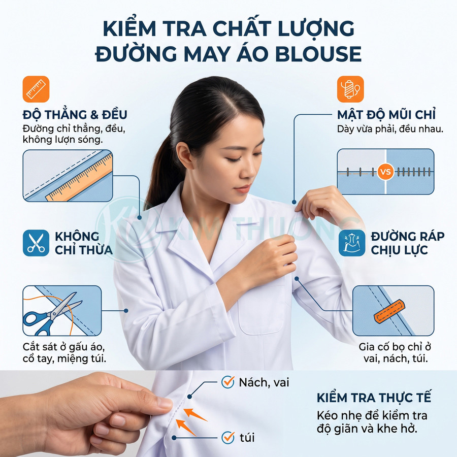 Hướng dẫn kiểm tra chất lượng đường may áo blouse trắng trên người mẫu nữ