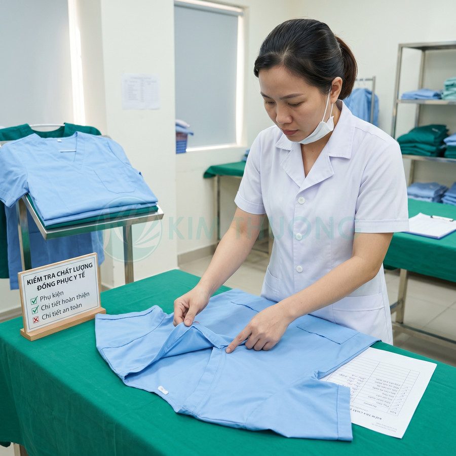 Nhân viên kiểm tra chất lượng áo đồng phục y tế màu xanh trên bàn trong phòng sản xuất