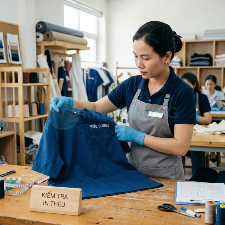 Nhân viên kiểm tra áo đồng phục điều dưỡng màu xanh in thêu logo trong xưởng may