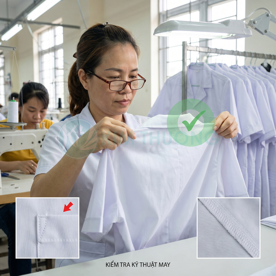 Nhân viên kiểm tra đường may và chất lượng áo sơ mi trắng trong xưởng may