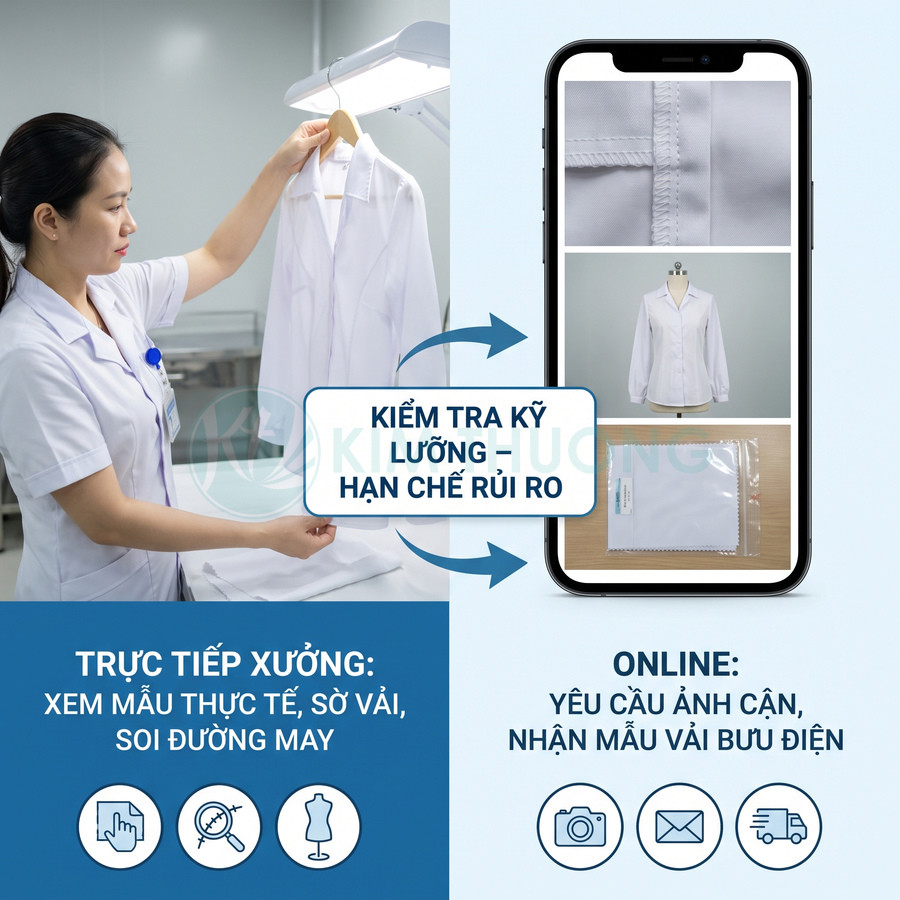Áo sơ mi trắng được kiểm tra đường may trực tiếp và qua ảnh trên điện thoại