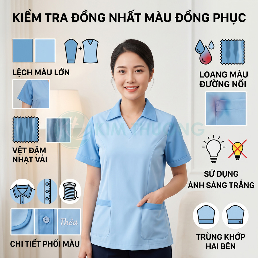 Đồng phục y tá màu xanh dương tay ngắn cho nữ, hai túi trước, hướng dẫn kiểm tra độ đồng nhất màu vải
