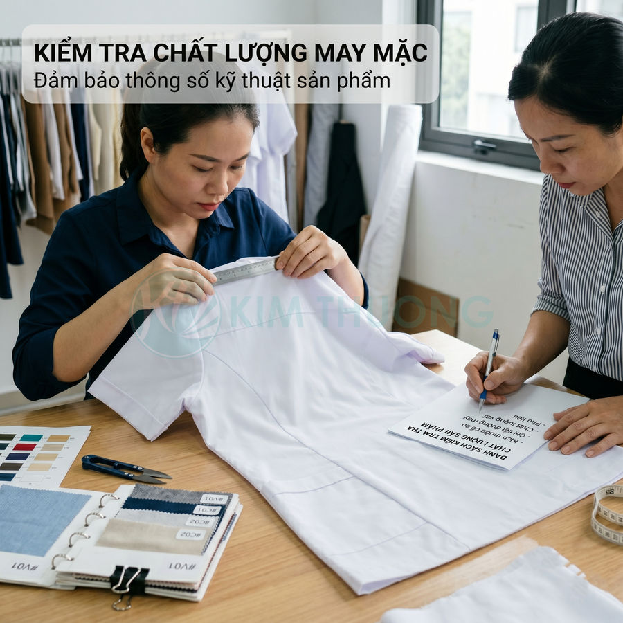 Nhân viên kiểm tra chất lượng áo sơ mi trắng với thước dây và bảng thông số kỹ thuật may mặc