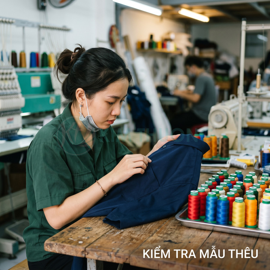 Nhân viên may mặc kiểm tra áo sơ mi xanh bên cạnh khay chỉ thêu nhiều màu trong xưởng may