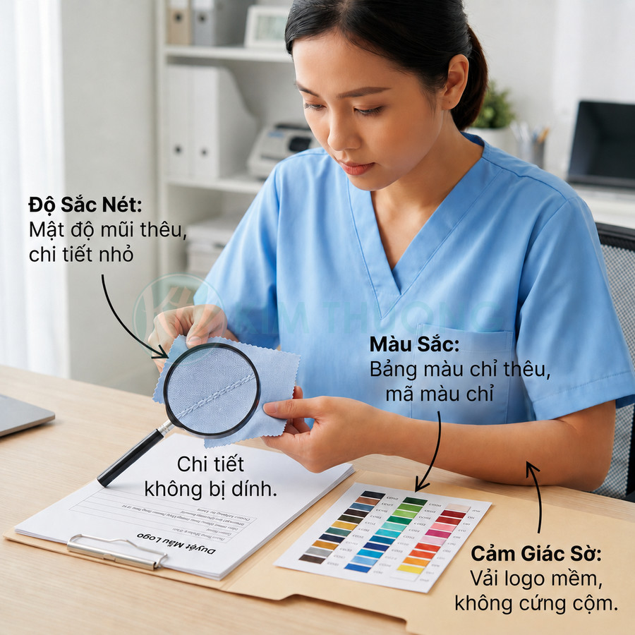 Nhân viên kiểm tra mẫu vải thêu logo bằng kính lúp bên cạnh bảng màu chỉ thêu trên bàn làm việc