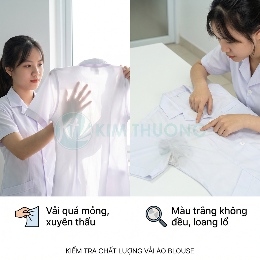 Nhân viên kiểm tra chất lượng vải áo blouse trắng quá mỏng và màu trắng không đều
