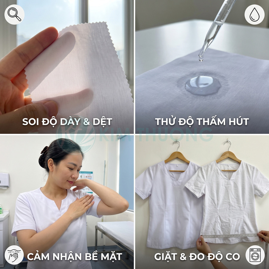 Áo blouse y tế màu trắng được kiểm tra độ dày, độ thấm hút, bề mặt vải và độ co sau khi giặt