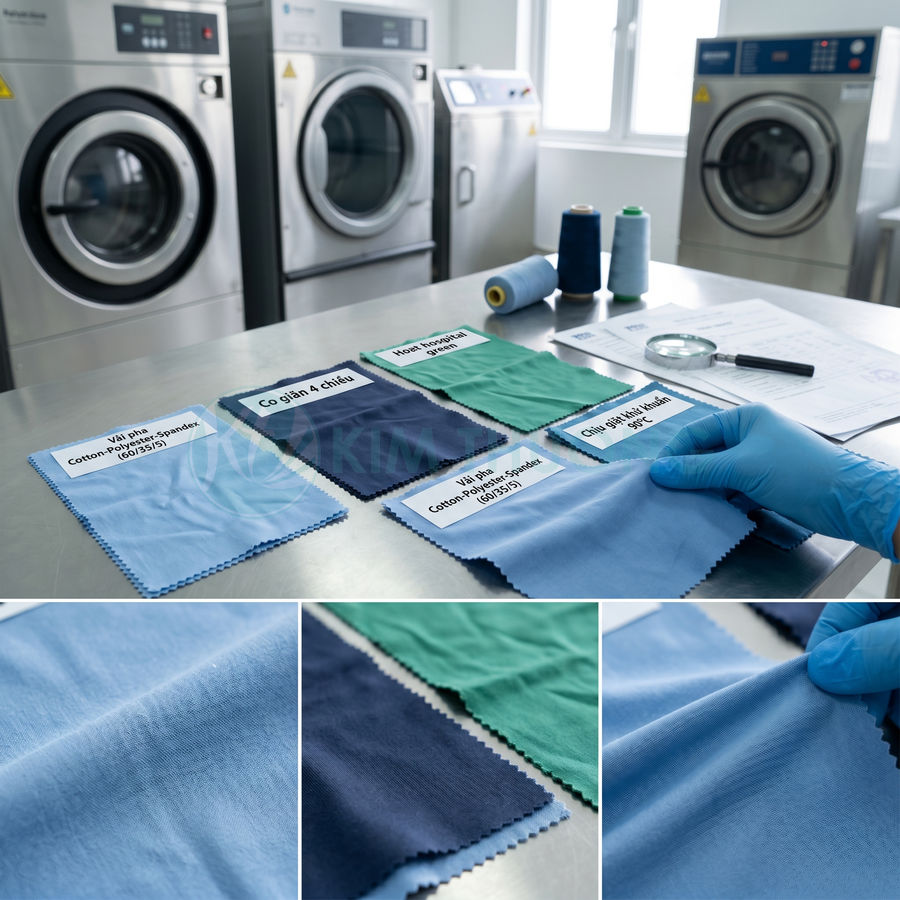 Mẫu vải cotton polyester spandex nhiều màu được kiểm nghiệm trong phòng thí nghiệm giặt là công nghiệp
