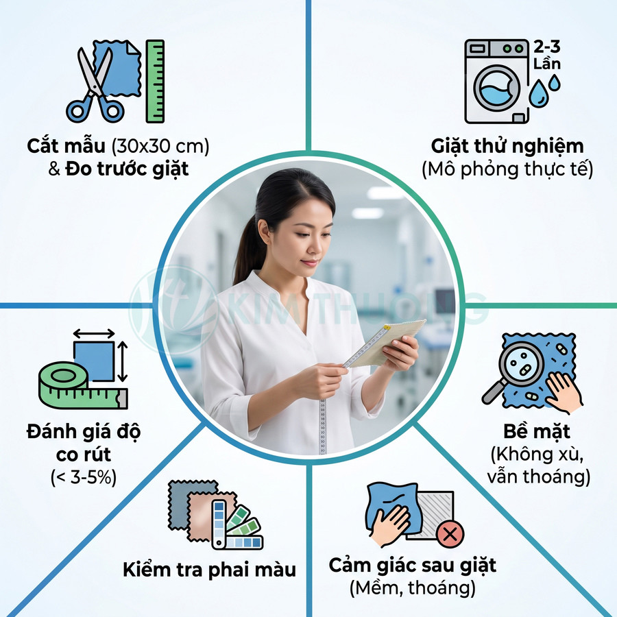 Quy trình kiểm tra chất lượng vải: đo trước giặt, giặt thử, đánh giá độ co rút, bề mặt, độ phai màu và cảm giác sau giặt