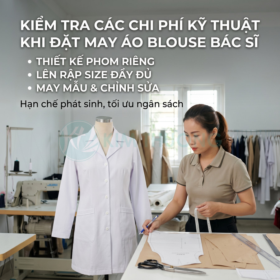 Thợ may thiết kế rập áo blouse bác sĩ trắng trên bàn cắt trong xưởng may chuyên đồng phục