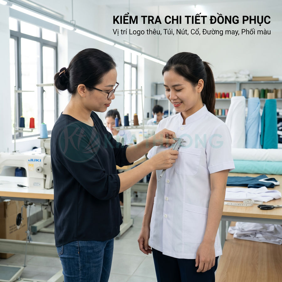 Nhân viên may đo kiểm tra chi tiết áo đồng phục trắng cho nữ tại xưởng may