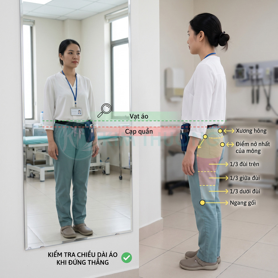 Nhân viên y tế mặc đồng phục trắng xanh đứng soi gương kiểm tra chiều dài áo so với cạp quần