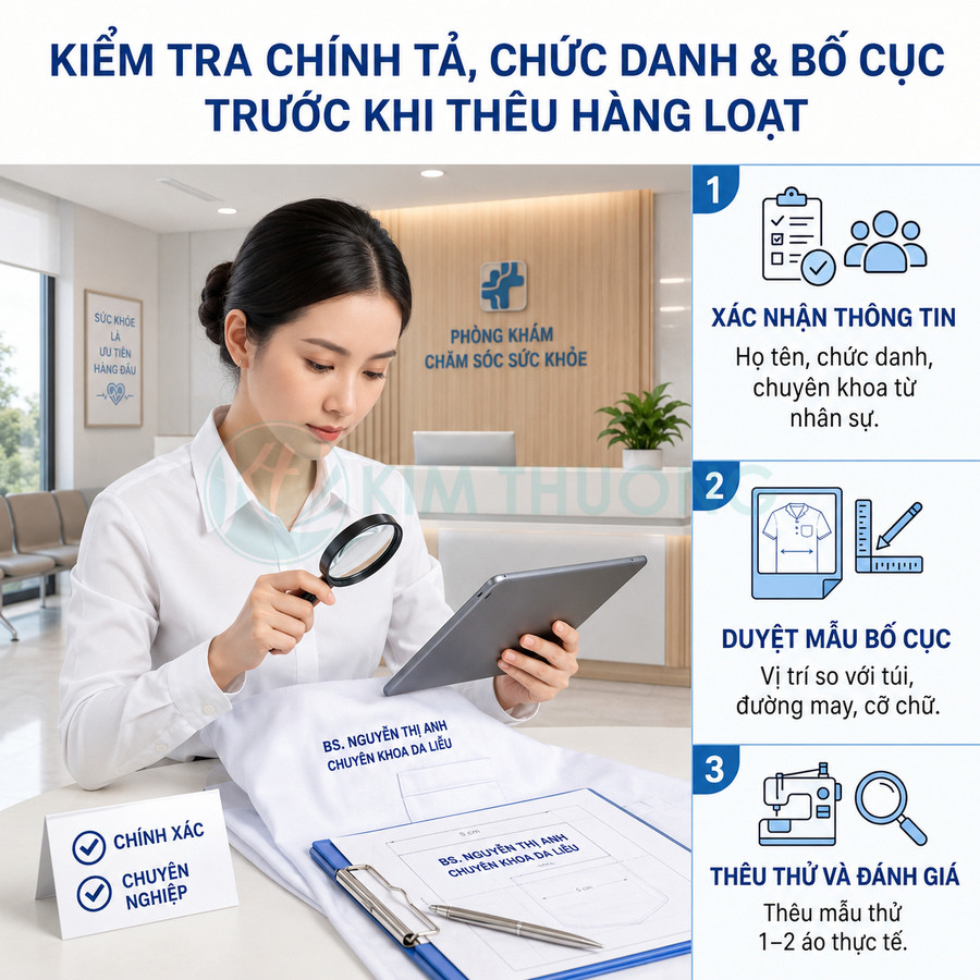 Nhân viên kiểm tra thông tin thêu tên bác sĩ trên áo blouse bằng kính lúp và máy tính bảng trong phòng khám