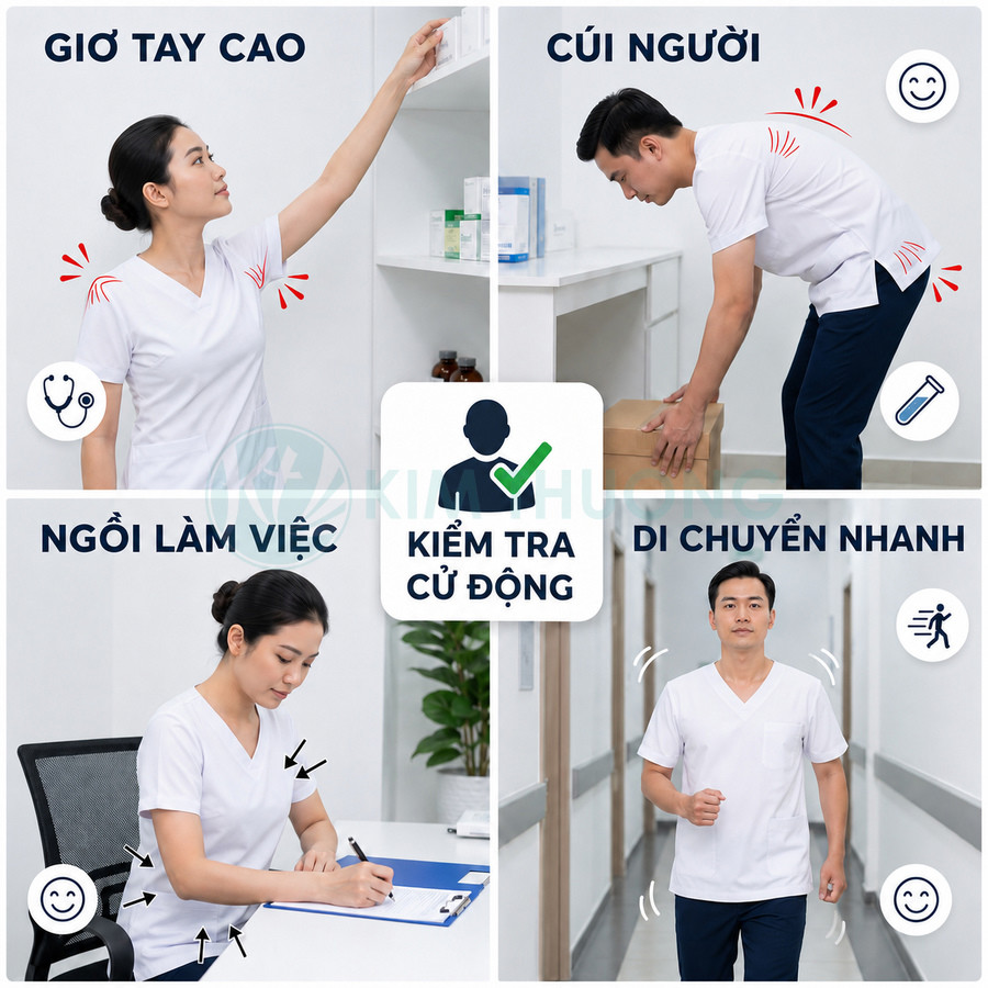 Nhân viên y tế mặc đồng phục trắng kiểm tra cử động tay, cúi người, ngồi làm việc và di chuyển nhanh trong bệnh viện