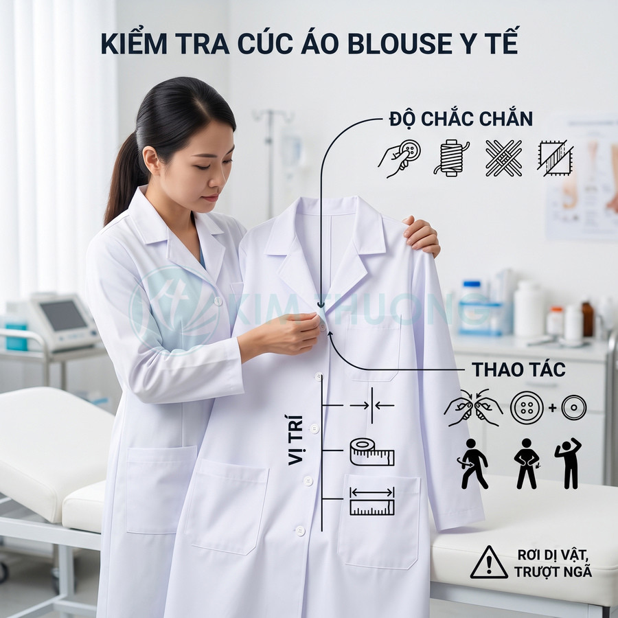 Nhân viên y tế kiểm tra cúc áo blouse trắng trong phòng khám, tập trung vào độ chắc chắn và vị trí cúc