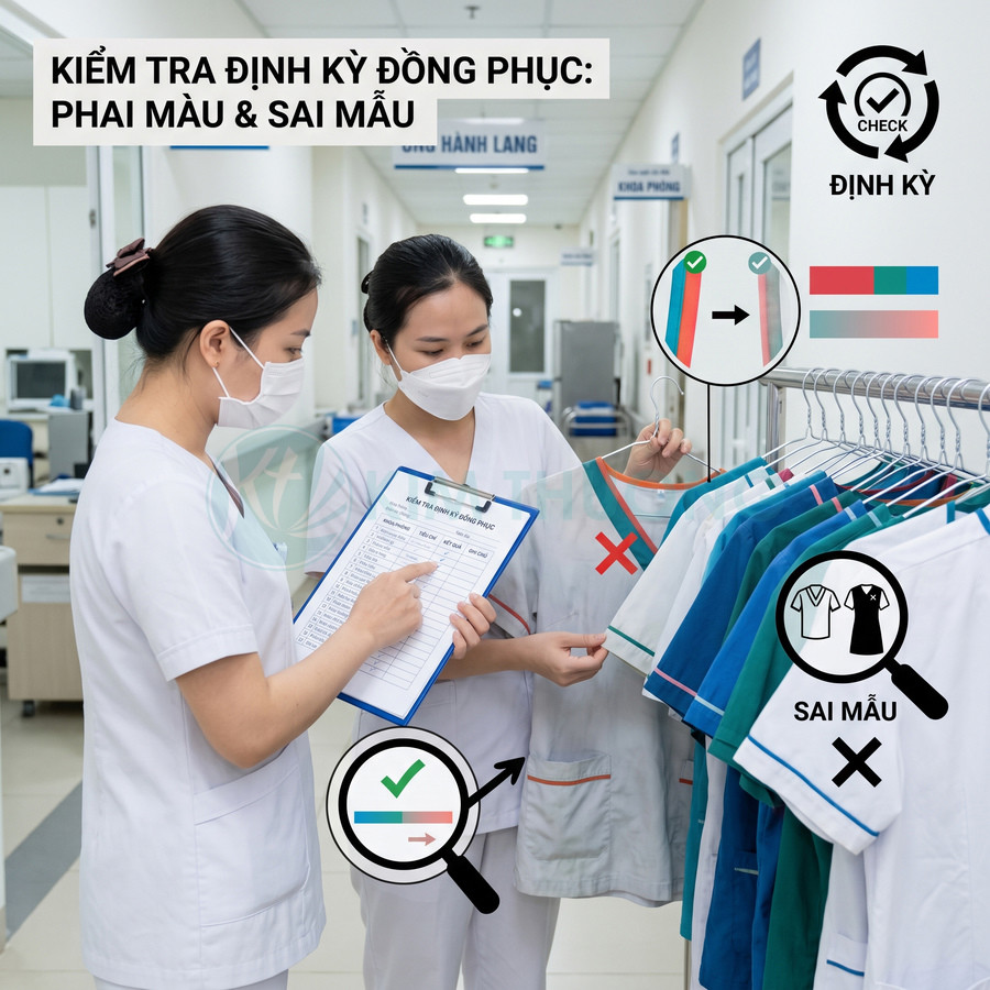 Nhân viên y tế kiểm tra màu sắc và mẫu mã đồng phục bệnh viện treo trên giá trong hành lang