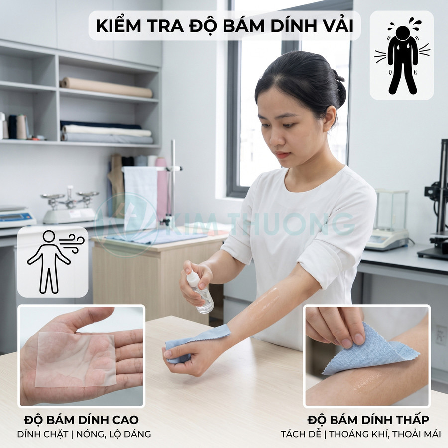 Nhân viên thử độ bám dính miếng dán vải y tế trên da tay trong phòng thí nghiệm