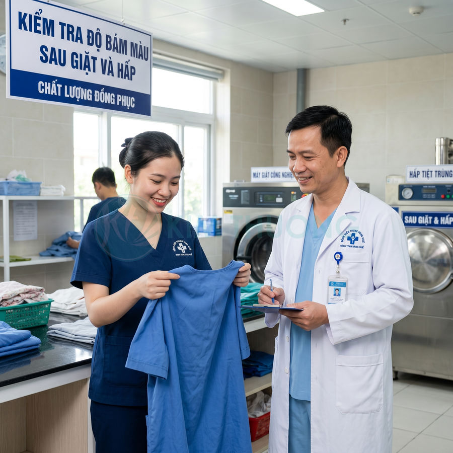 Nhân viên y tế kiểm tra chất lượng áo blouse xanh sau giặt trong phòng giặt là bệnh viện