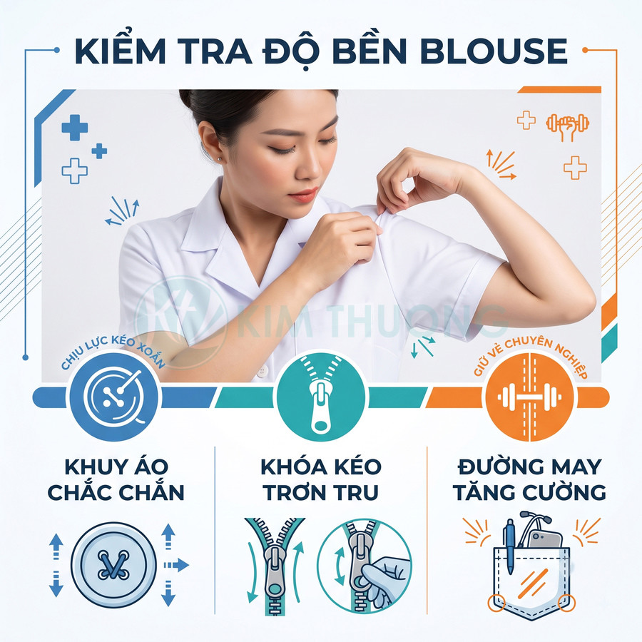 Nữ nhân viên y tế kiểm tra độ bền áo blouse trắng với khuy áo chắc chắn, khóa kéo trơn tru và đường may tăng cường