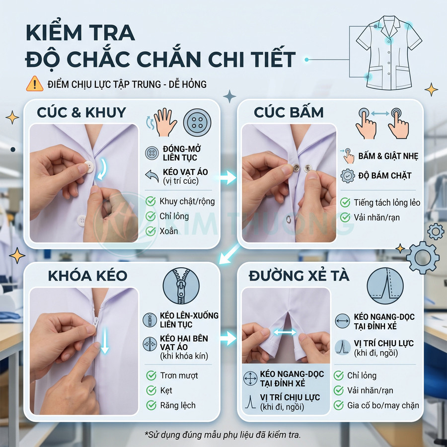 Hướng dẫn kiểm tra độ chắc chắn cúc, khóa kéo và đường xẻ tà trên áo blouse trắng trong xưởng may