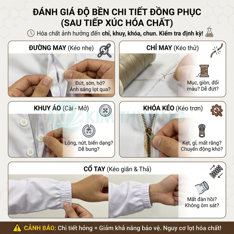 Đồng phục trắng được kiểm tra độ bền đường may, chỉ, khuy áo, khóa kéo và cổ tay sau khi tiếp xúc hóa chất