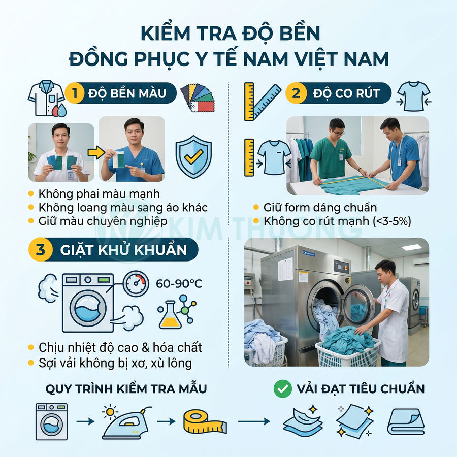 Quy trình kiểm tra độ bền và giặt khử khuẩn đồng phục y tế nam Việt Nam trong phòng giặt chuyên nghiệp