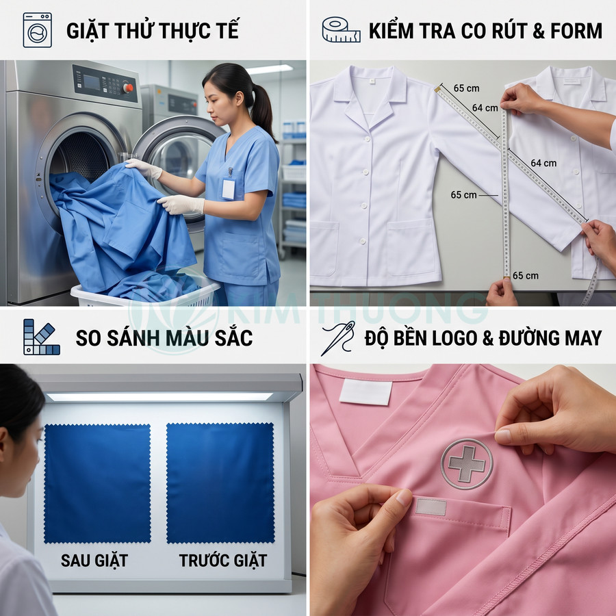 Quy trình kiểm tra chất lượng đồng phục y tế gồm giặt thử, đo kích thước, so sánh màu và kiểm tra logo