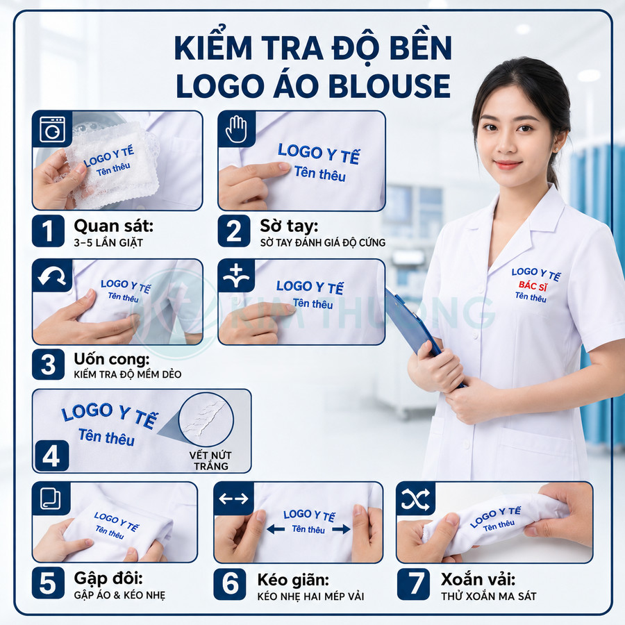 Hướng dẫn kiểm tra độ bền logo thêu trên áo blouse trắng cho nhân viên y tế