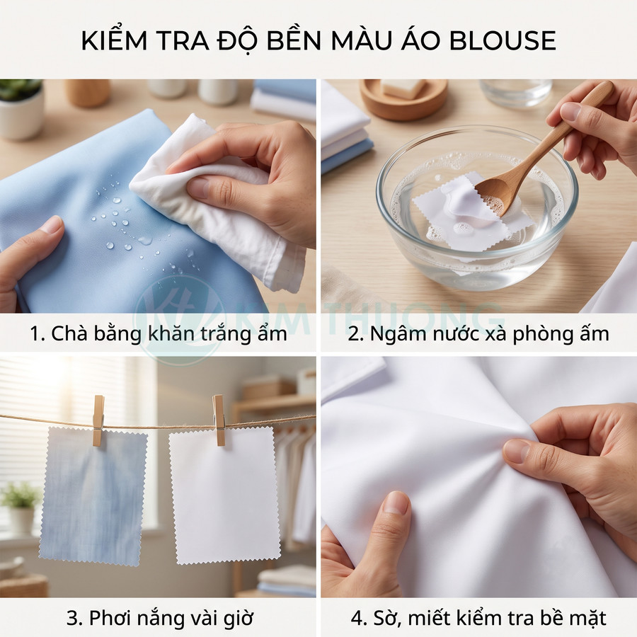 Hướng dẫn kiểm tra độ bền màu vải áo blouse bằng chà khăn ướt, ngâm xà phòng, phơi nắng và sờ bề mặt
