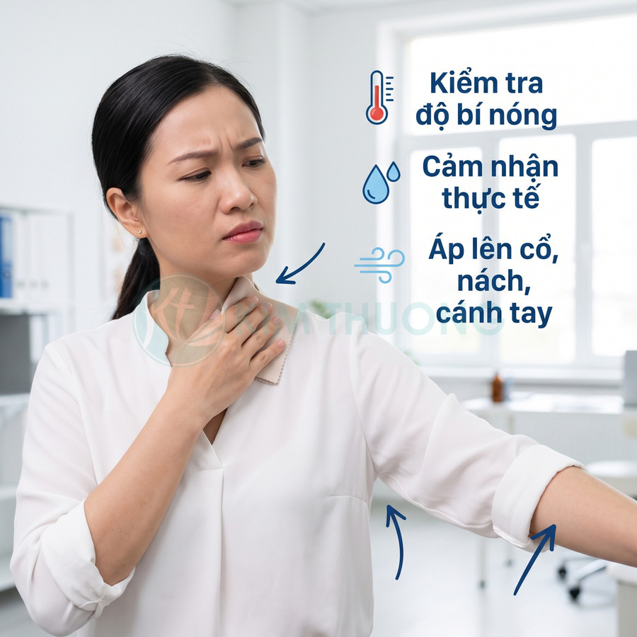 Người phụ nữ kiểm tra độ bí nóng của áo trắng tại cổ, nách và cánh tay