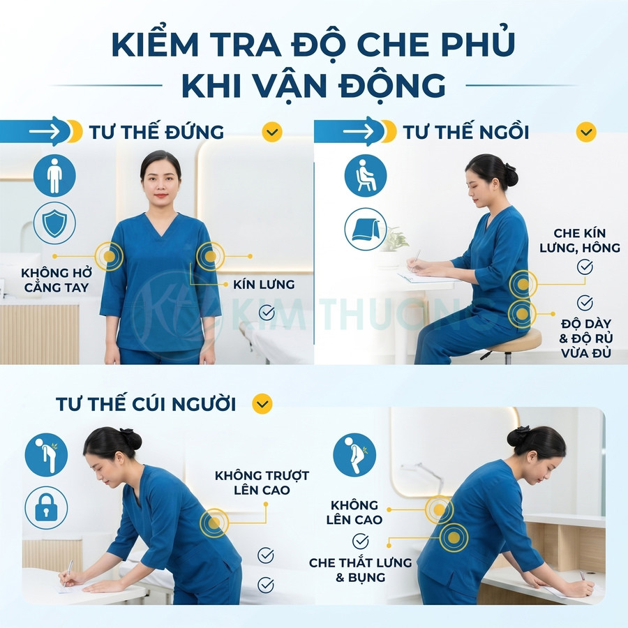 Đồng phục y tá màu xanh che phủ tốt khi đứng, ngồi và cúi người, không hở tay, lưng, hông, bụng
