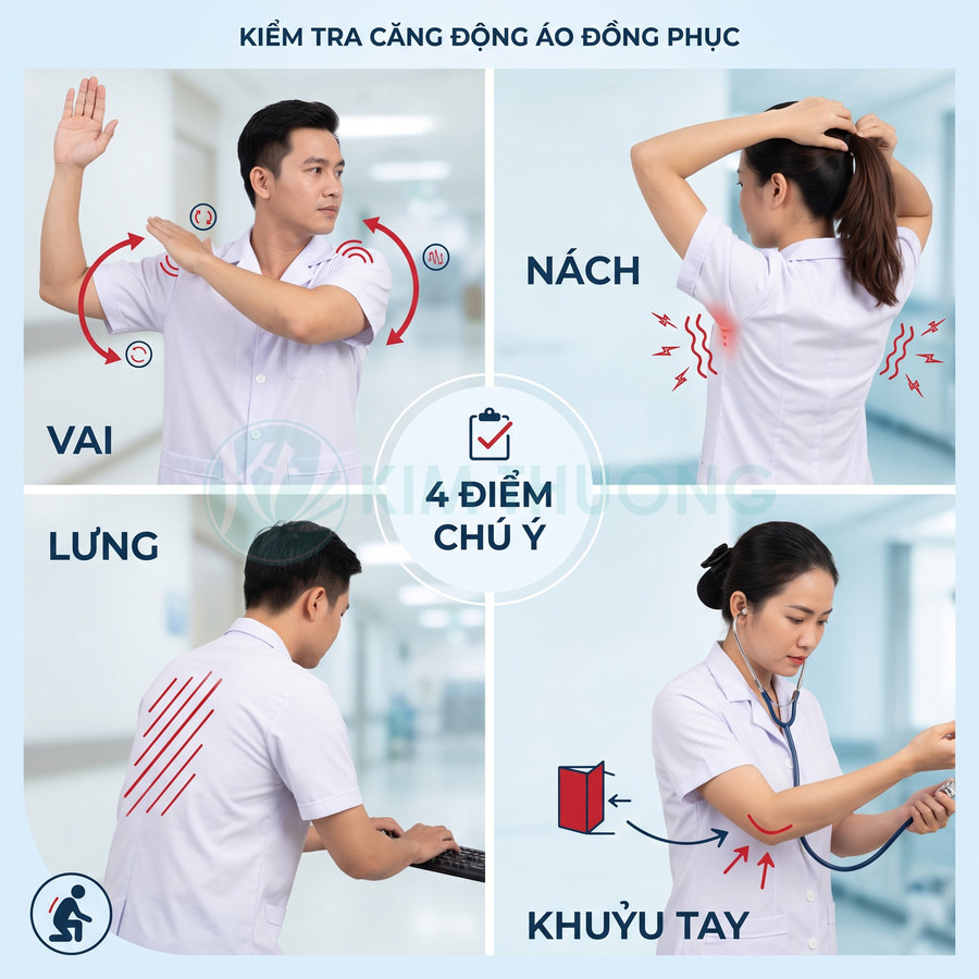 Nhân viên y tế mặc áo đồng phục trắng kiểm tra độ co giãn tại vai nách lưng và khuỷu tay