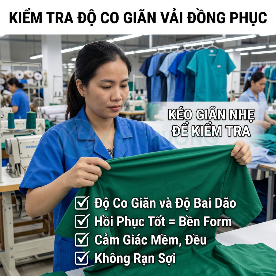Nhân viên xưởng may kiểm tra độ co giãn vải đồng phục màu xanh lá trên bàn làm việc