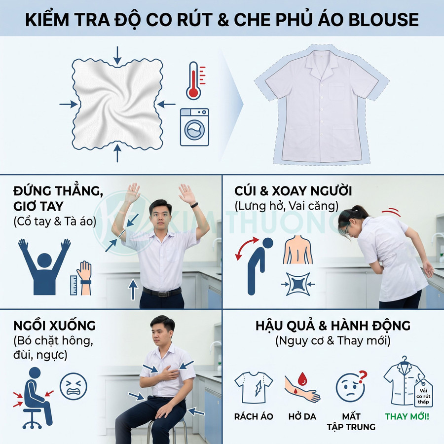 Áo blouse trắng tay ngắn cài nút được kiểm tra độ co rút và độ che phủ khi vận động
