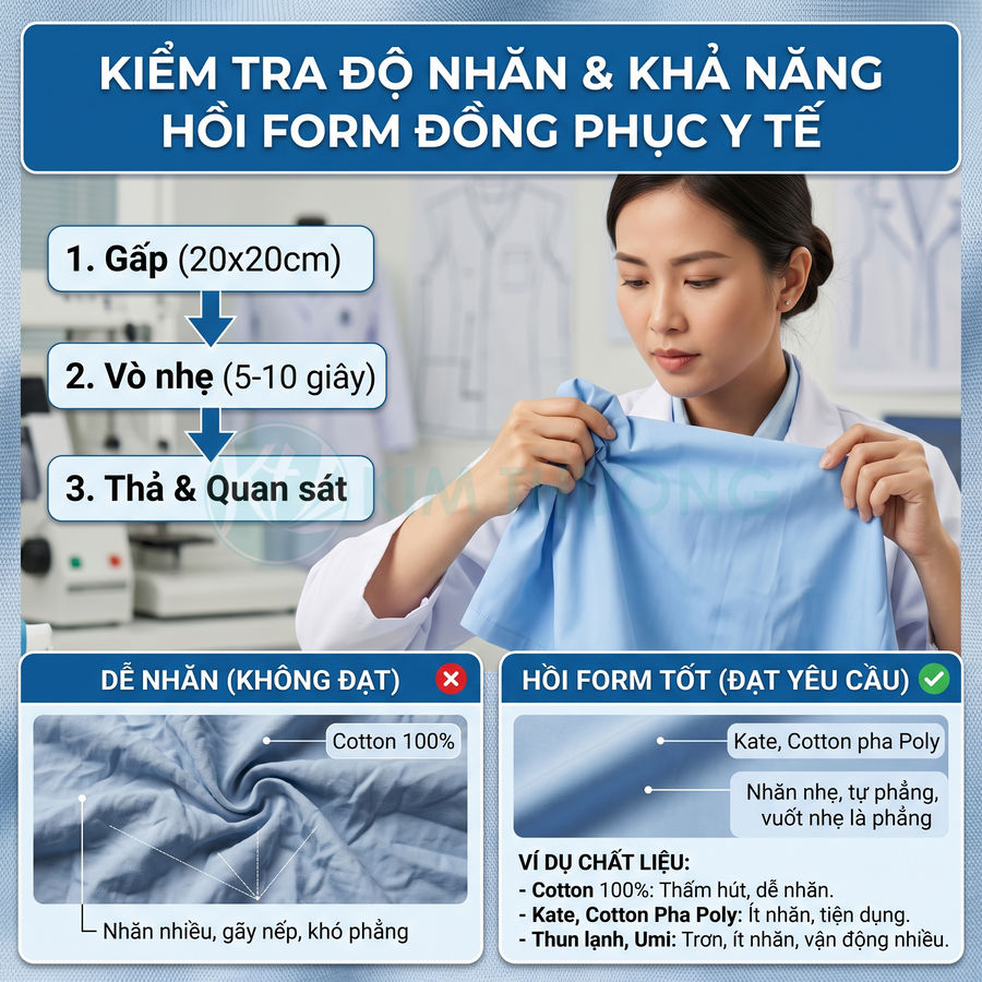 Nhân viên y tế kiểm tra độ nhăn và khả năng hồi form của vải đồng phục y tế màu xanh nhạt