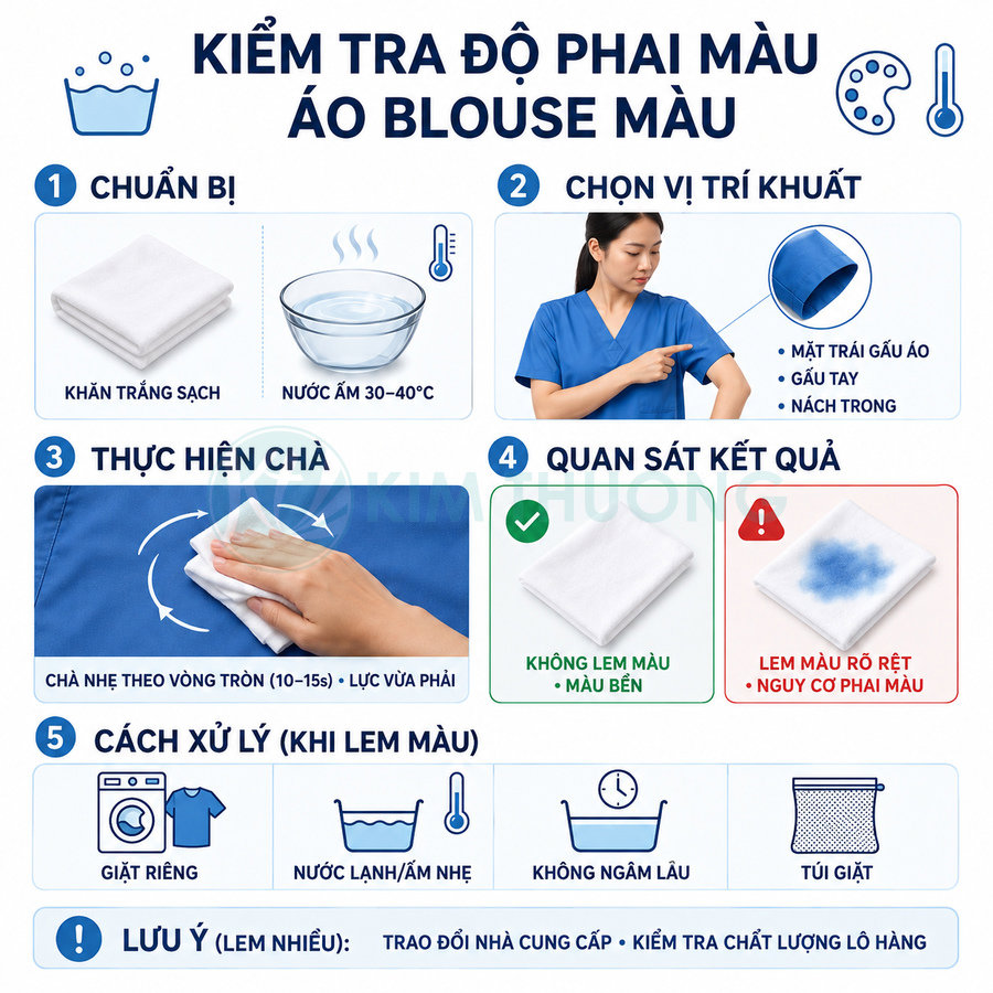 Hướng dẫn kiểm tra độ phai màu áo blouse y tế màu xanh bằng khăn trắng và nước ấm
