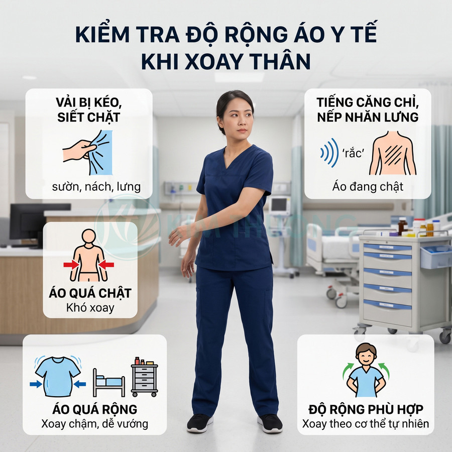 Nhân viên y tế mặc bộ scrub xanh minh họa cách kiểm tra độ rộng áo y tế khi xoay người