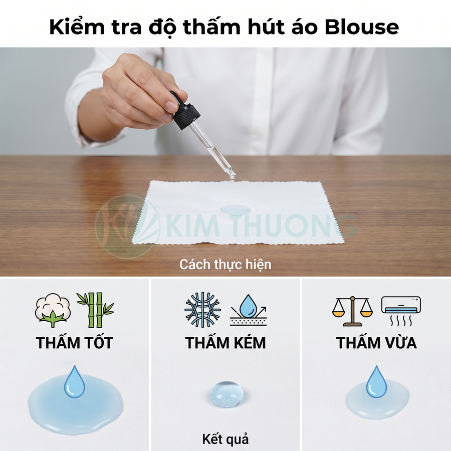 Kiểm tra độ thấm hút của vải áo blouse bằng giọt nước, minh họa mức thấm tốt, kém và vừa